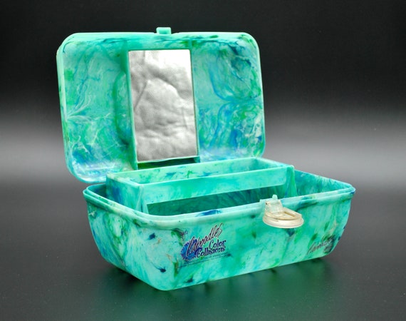 Vtg Retro Caboodle Makeup Case Organizer Peach Teal Two Tier Mirror 5626  4508