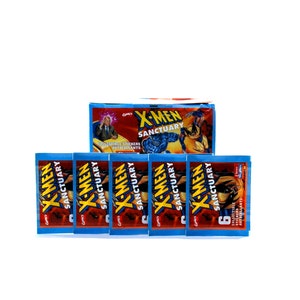 May include: A pack of six X-Men Sanctuary collectible stickers. The stickers feature characters from the X-Men comic book series. The pack is blue and red with the words "X-Men Sanctuary" printed on it.