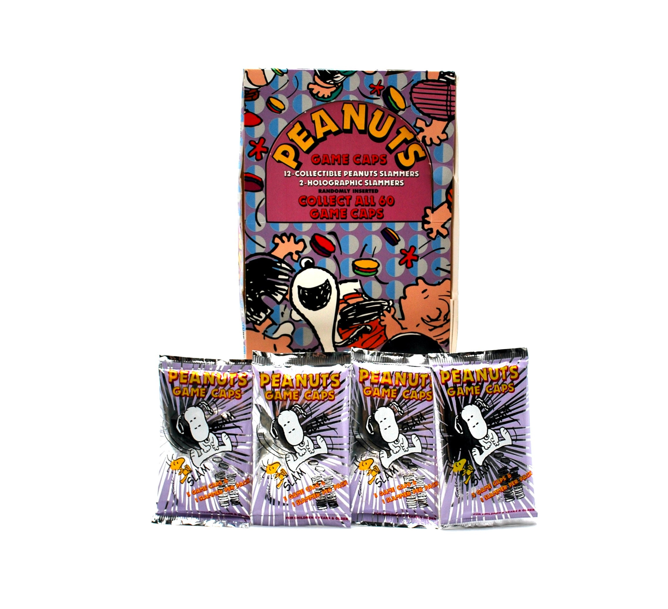 4 packs Peanuts Game Caps 5 Pogs & 1 Slammer Per Pack Snoopy, Charlie Brown, Lucy, Peppermint Patty and More
