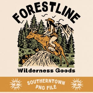 以下が含まれることがあります： 「FORESTLINE」の文字の上に、森の中を鹿に乗る女性が描かれたイラスト。画像の下には「Wilderness Goods」の文字があり、下部には「SOUTHERNTOWN PNG FILE」と書かれています。茶色、緑、黒の色合いです。