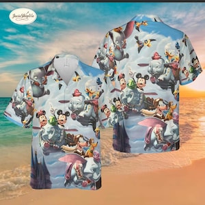 Dumbo and Mickey Hawaiian Shirt, Disney Characters Flying Aloha Shirt, Vintage Dumbo Magic Kingdom Button Down