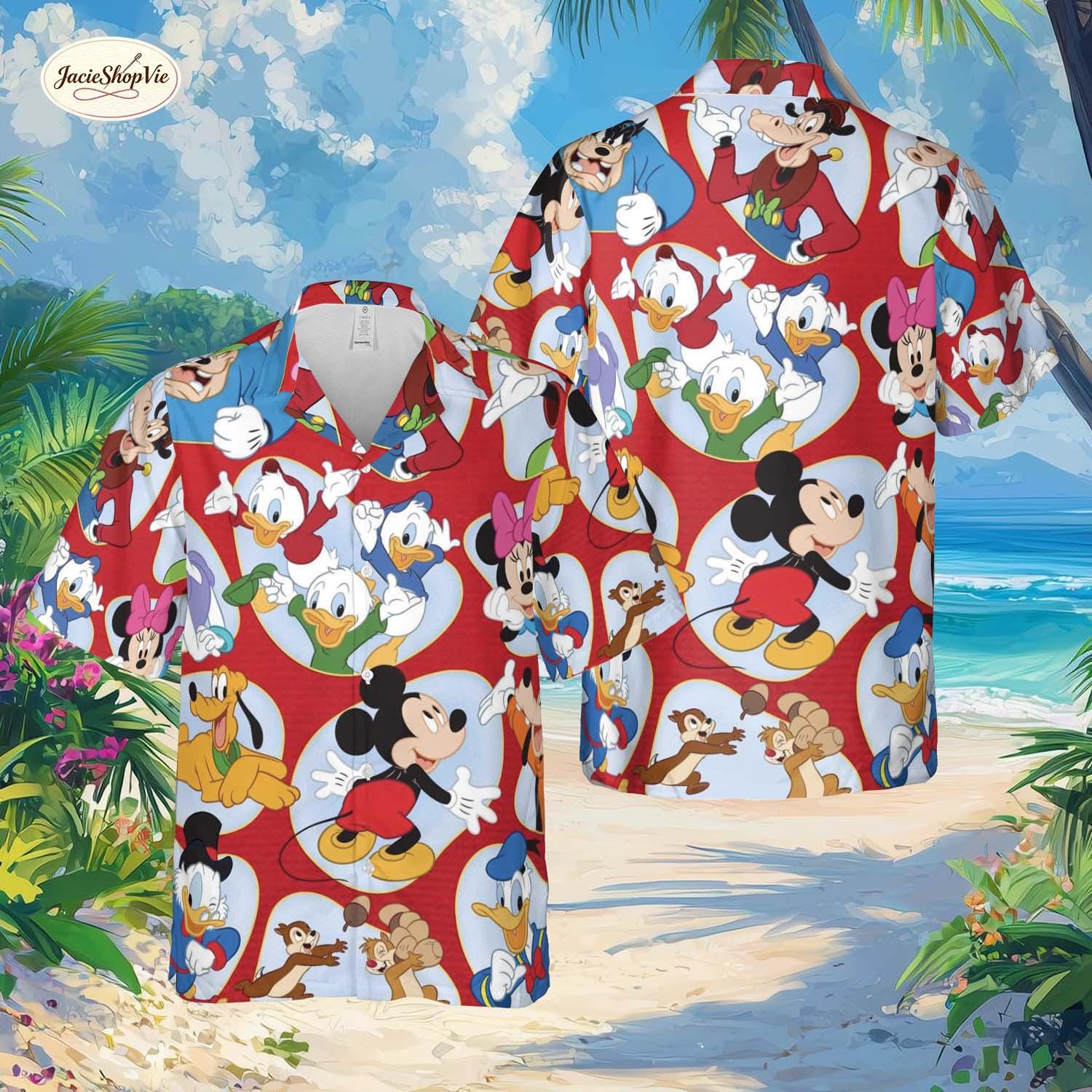 Discover Classic Mickey and Friends Hawaiian Shirt, Red Vintage Disney Character Button Down, Mickey Mouse Minnie Donald Duck Beach Shirt