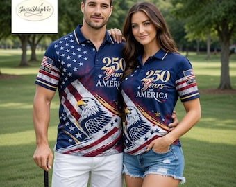 USA 250 Years Polo Shirt, Patriotic Couple Matching Shirts, 1776-2026 America Eagle Flag Polo, 4th of July Outfit Men Women