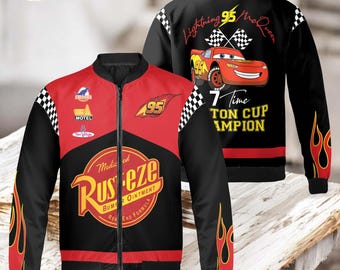 Vintage Lightning McQueen 95 Fleece Bomber Jacket, Rust-Eze Cars Piston Cup Champion Racing Jacket, Radiator Springs Disney Trip Outfit
