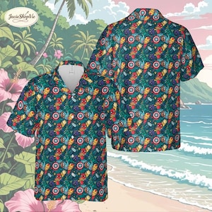 May include: Two short-sleeved button-down shirts with a teal background and a repeating pattern of comic book characters. The pattern includes images of Spider-Man, Captain America, Iron Man, and Thor. The shirts are displayed against a tropical beach scene.