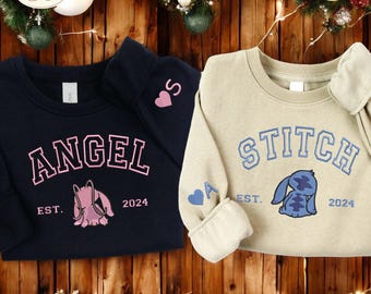 Stitch and Angel Embroidered Hoodie, Couple Matching Sweatshirt Gift