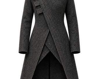 Gothic Longline Trench CoatBlack Asymmetrical Jacket Dark Academia Victorian Coat