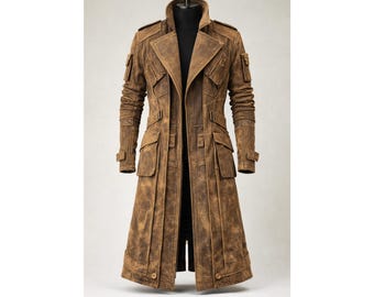 Men’s Distressed Brown Long Trench Coat Vintage Style Cotton Blend Coat