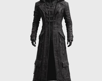 Mens Black Gothic Hooded Trench Coat Cyberpunk Long Coat