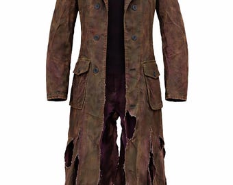 Distressed Brown Canvas Duster Coat Post Apocalyptic Long Trench Coat