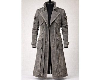 Men’s Grey Distressed Long Trench Coat Gothic Military Style Leather Coat