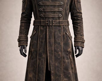 Men’s Distressed Brown Long Trench Coat Gothic Military Style Coat