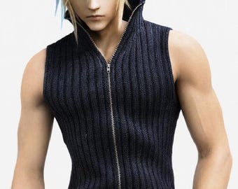 Anime Inspired Sleeveless Knit Vest, Fantasy RPG Cosplay Sweater Vest, Zip Up Ribbed Vest, Gamer Costume Top