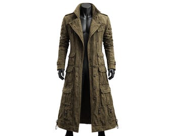 Men’s Distressed Olive Green Trench Coat Gothic Military Long Coat Cyberpunk Duster Jacket