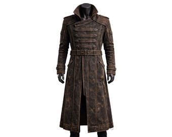 Men’s Distressed Brown Long Leather Trench Coat Gothic Military Style Jacket Vintage Steampunk Winter Coat