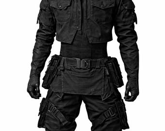 Black Tactical Cyberpunk Costume Set for Men Futuristic Combat Outfit