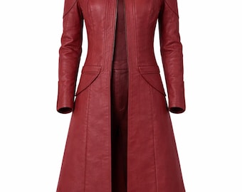 Women’s Red Leather Trench Coat Futuristic Cosplay Coat Superhero Long Jacket Gothic Leather Coat