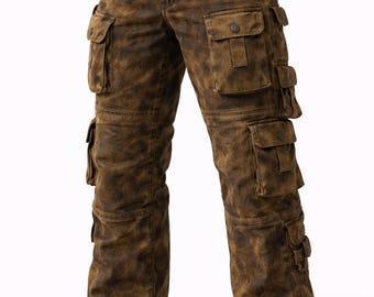 Vintage Distressed Brown Cargo Pants for Men Multi Pocket Utility Trousers Gothic Streetwear Pants Cyberpunk Tactical Pants
