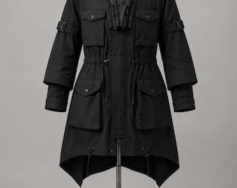 Black Tactical Hooded Parka Coat Techwear Military Jacket Gothic Utility Trench Coat