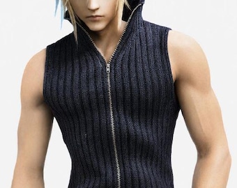 Anime Inspired Sleeveless Knit Vest, Fantasy RPG Cosplay Sweater Vest, Zip Up Ribbed Vest, Gamer Costume