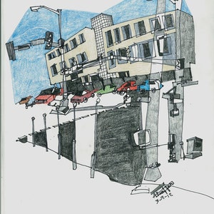 11x14 em Desenho Original, Edifício do Tribunal, Roanoke Virginia, Reportagem, Paisagem Urbana, Expressionismo Abstrato, Desenho Contemporâneo