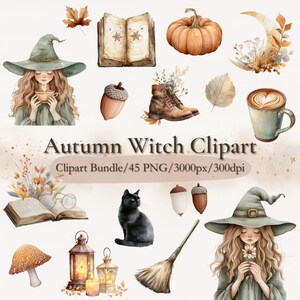 Può includere: Illustrazione ad acquerello di un pacchetto "Autumn Witch Clipart". L'immagine presenta una strega con un cappello verde, un gatto nero, una zucca, una scopa e altri elementi a tema autunnale. Il testo "Autumn Witch Clipart" è visualizzato.