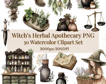 Witch's Herbal Apothecary Clipart Bundle | 30 Watercolor PNG, Cottagecore Botanical, Commercial Use