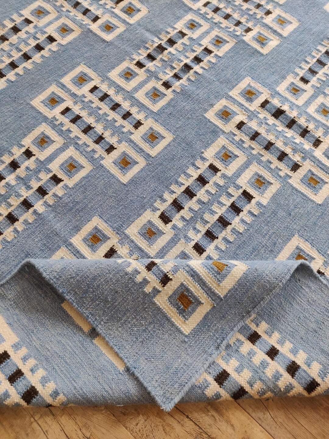 Handwoven Blue Scandinavian Kilim Rug With Geometric Pattern - Etsy
