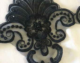 1 Yard of 6 big flowers  with pearls in BLACK VINTAGE  LACE