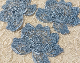 3 Flower applique patch -  Sew On  beautiful  EMBROIDERED In BLUE