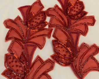 2 Beaded Sequins FLOWER Applique in  Red  color