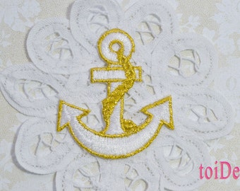 2 Anchor Iron On Applique - Gold White - Embroidered - Nautical