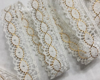 2 yard  WHITE VINTAGE  LACE   - with gold