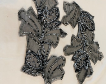 2 Beaded Sequins FLOWER Applique in  black  color