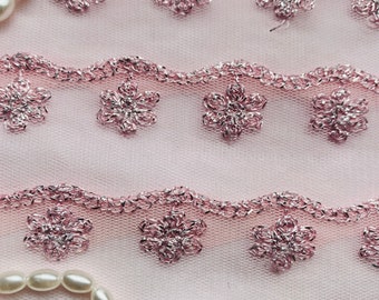 2 yard  PINK VINTAGE  LACE   embroidered in Pink and Silver