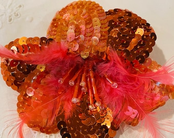 ORANGE SEQUINS  FLOWERS  Pin Brooch  embellishment