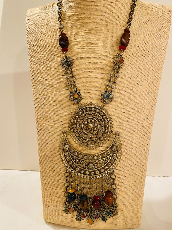 Vintage Moroccan Berber Beaded Necklace with meta… - image 1