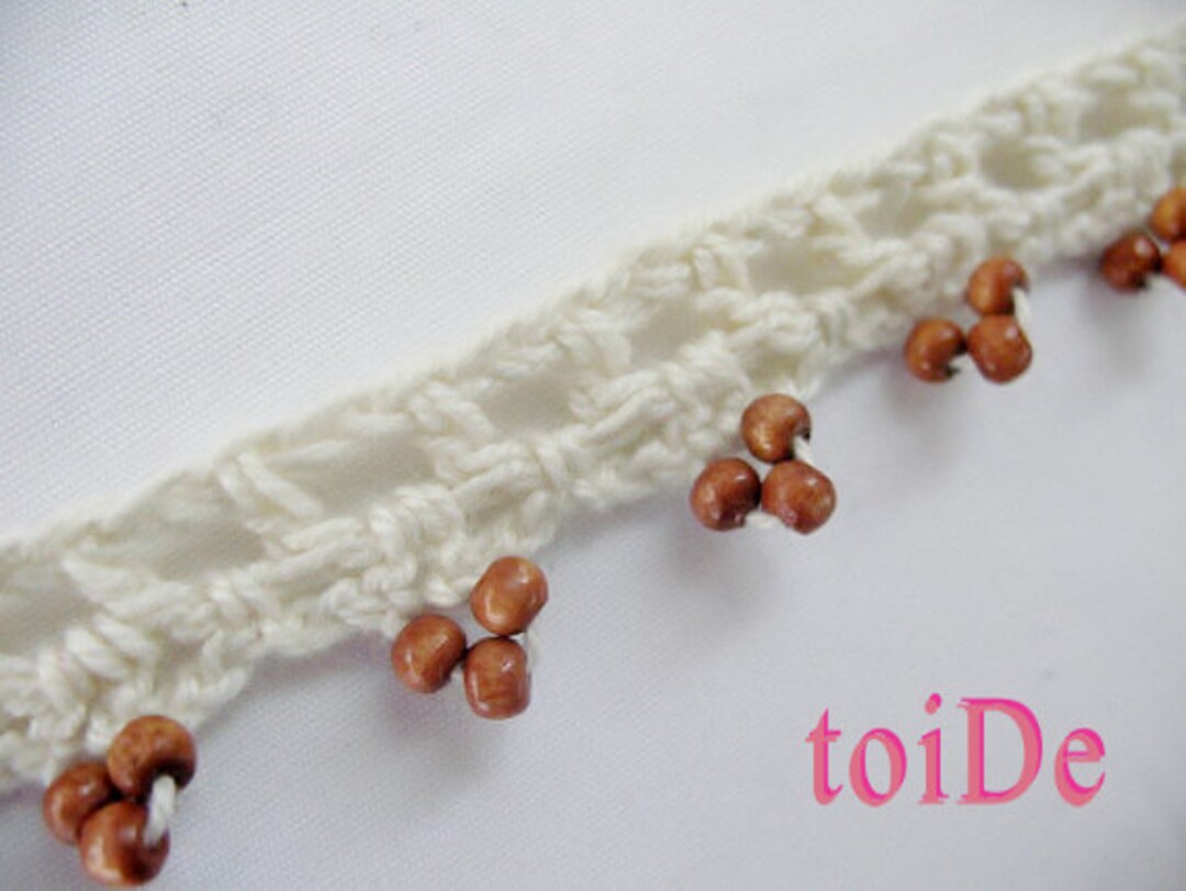2 Yard Vintage Crochet Beaded Lace Ribbon Trim Ivory With Wood Beads -   Canada