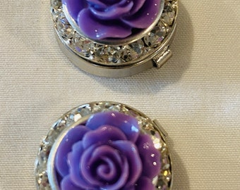 2 CLEAR, AUSTRIAN,  Crystal with PURPLE Rose Flower  Button Cover