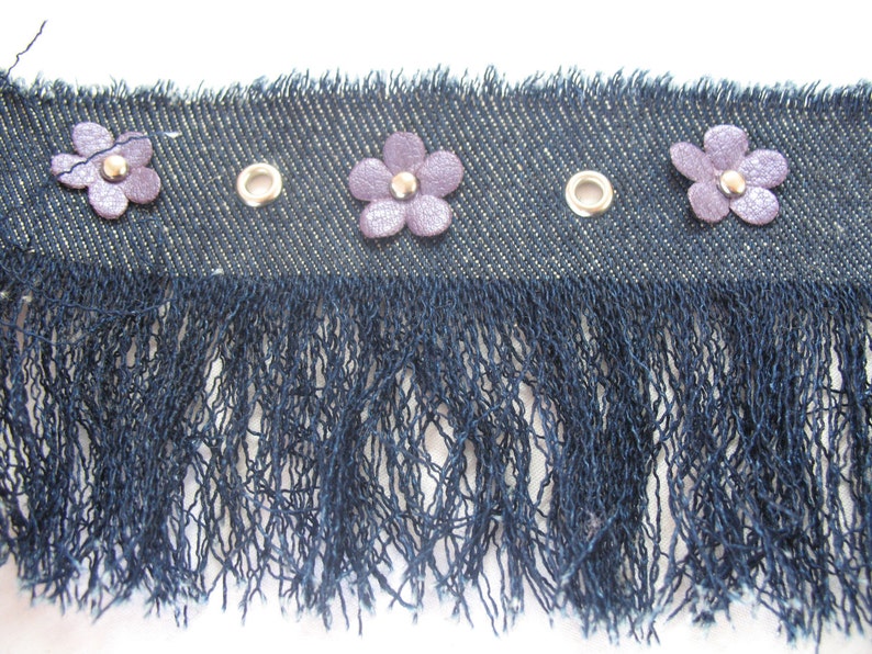 VINTAGE DENIM FRINGES with purple flowers and silver eyelets. image 1