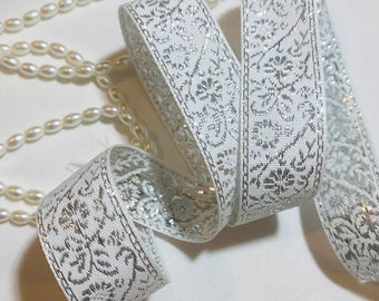 2 yard WHITE embroidered ribbon with SILVER FLOWERS