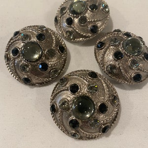 4 Vintage METAL with BLACK and CLEAR Rhinestone Buttons