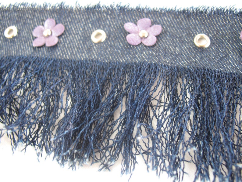 VINTAGE DENIM FRINGES with purple flowers and silver eyelets. image 2