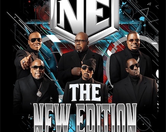Puede incluir: Cartel de concierto para The New Edition Way Tour 2026. La imagen presenta a seis hombres con trajes negros y gafas de sol sobre un fondo negro y azul. El nombre de la banda se muestra en una fuente plateada y estilizada.