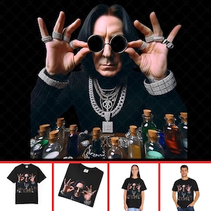 May include: A black t-shirt featuring a portrait of a person wearing round sunglasses, multiple rings, and jewelry. The image includes a collection of glass bottles with cork stoppers. The person is holding up their hands.