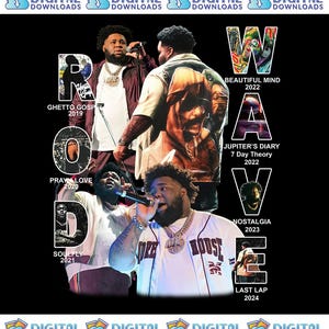 May include: A black graphic featuring a collage of images of a singer, with text that reads "ROD WAVE" and album titles and years: "Ghetto Gospel 2019", "Pray 2020", "Soulfly 2021", "Beautiful Mind 2022", "Jupiter's Diary 7 Day Theory 2022", "Nostalgia 2023", and "Last Lap 2024".