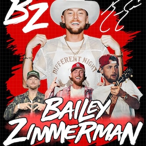 Könnte beinhalten: Werbebild mit Bailey Zimmerman und dem Text "Bailey Zimmerman" in großen, fetten Buchstaben. Der Hintergrund ist rot und schwarz mit dem Text "Different Night Same Rodeo". Zimmerman trägt einen weißen Cowboyhut.