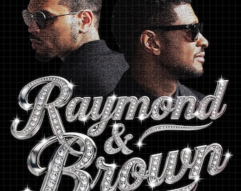 May include: A digital graphic featuring two men wearing sunglasses, set against a black grid background. The text "Raymond & Brown" is displayed in a stylized, silver font, embellished with sparkling diamond-like accents.
