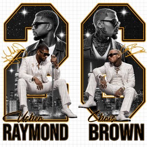 May include: A graphic design featuring two large numbers, 25 and 26, framing portraits of Usher Raymond and Chris Brown. Each artist is shown in a black and white portrait above a full-body shot wearing a white suit. The text reads Usher Raymond and Chris Brown.