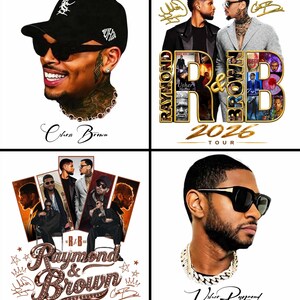 May include: A collage featuring portraits of Chris Brown and Usher Raymond, including a tour poster for Raymond & Brown 2026. The images display both artists wearing sunglasses and jewelry, with stylized text and signatures integrated into the graphic design.